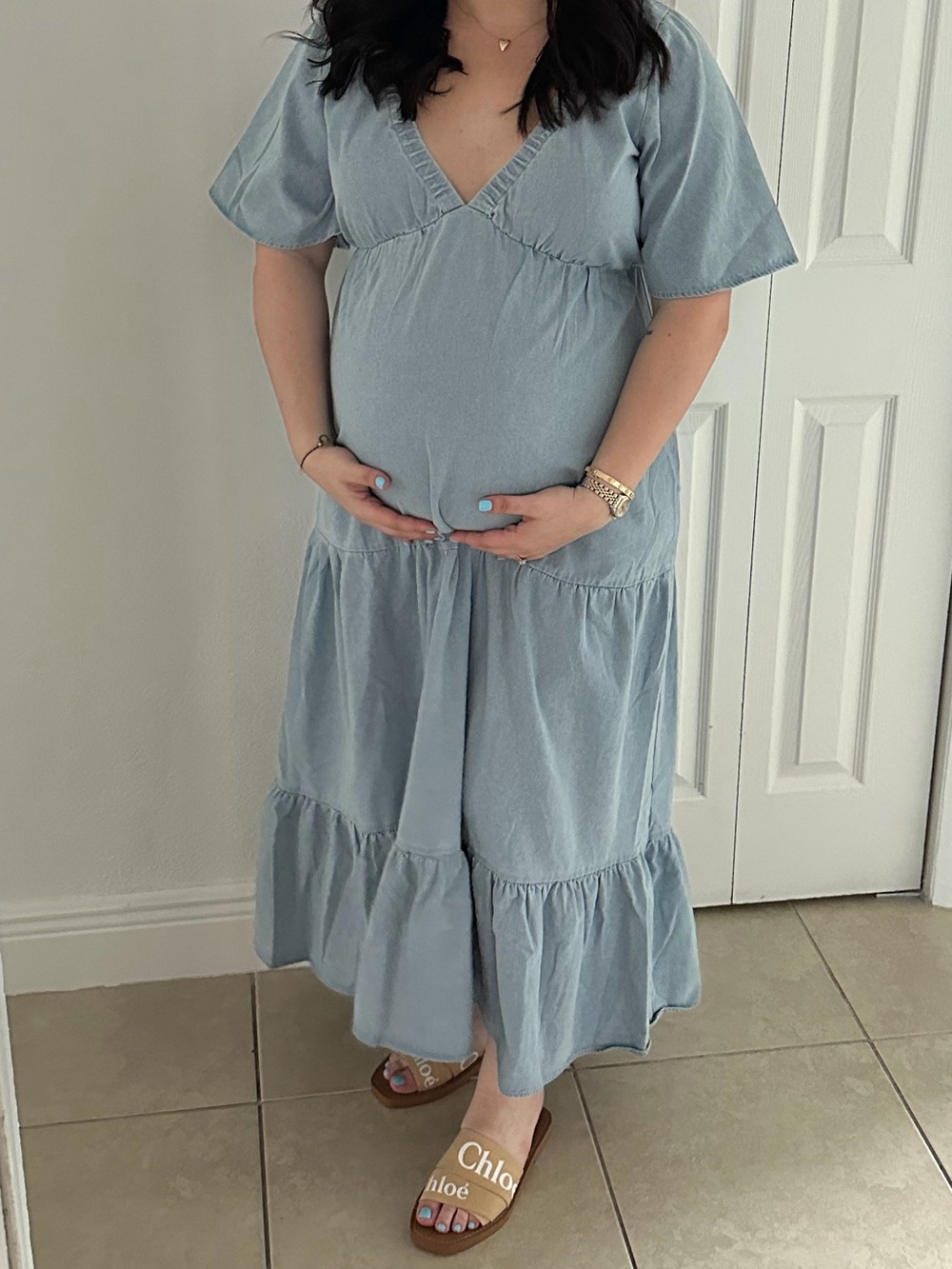 Maternity Light Blue V-Neck Tiered Maxi Dress with Tie Detail